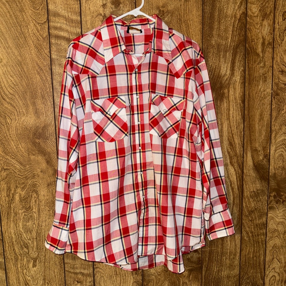 Vintage Holt Quality Western Wear Mens XL Pearl Snap Plaid Shirt Red White USA